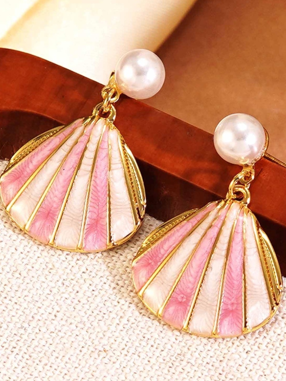 Pearl & Pink Shell Drop Earrings - Gold Tone